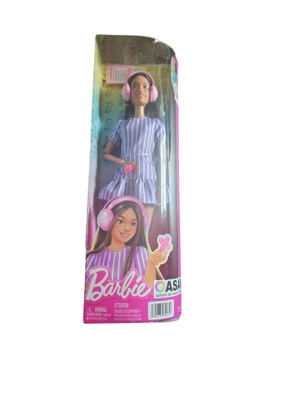 Barbie Doll Wearing Striped Purple Dress & Pink Headphones ASAN Collaboration Ag